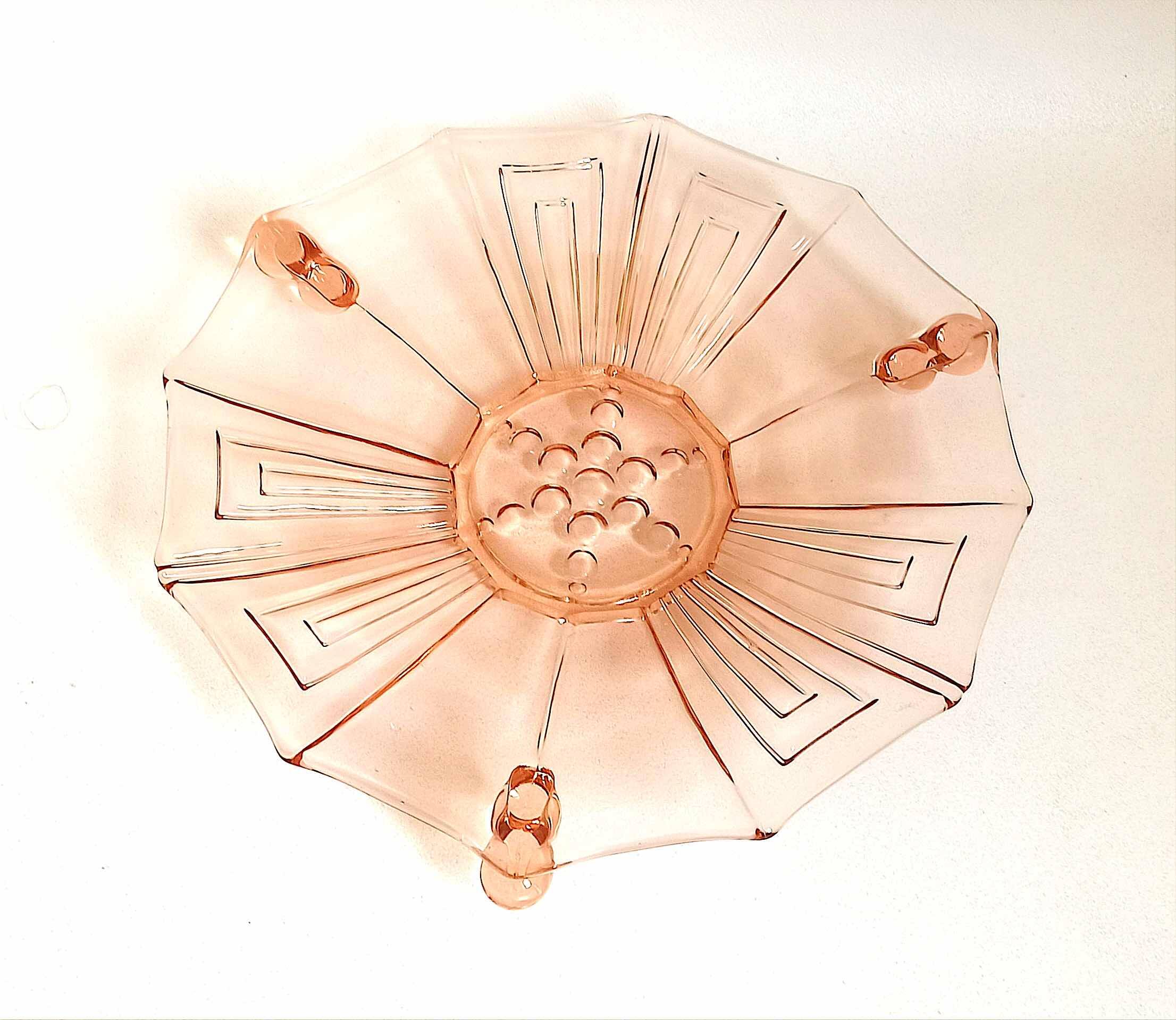 Art Deco pressed molded pink glass fruit bowl Diameter 30 cm.