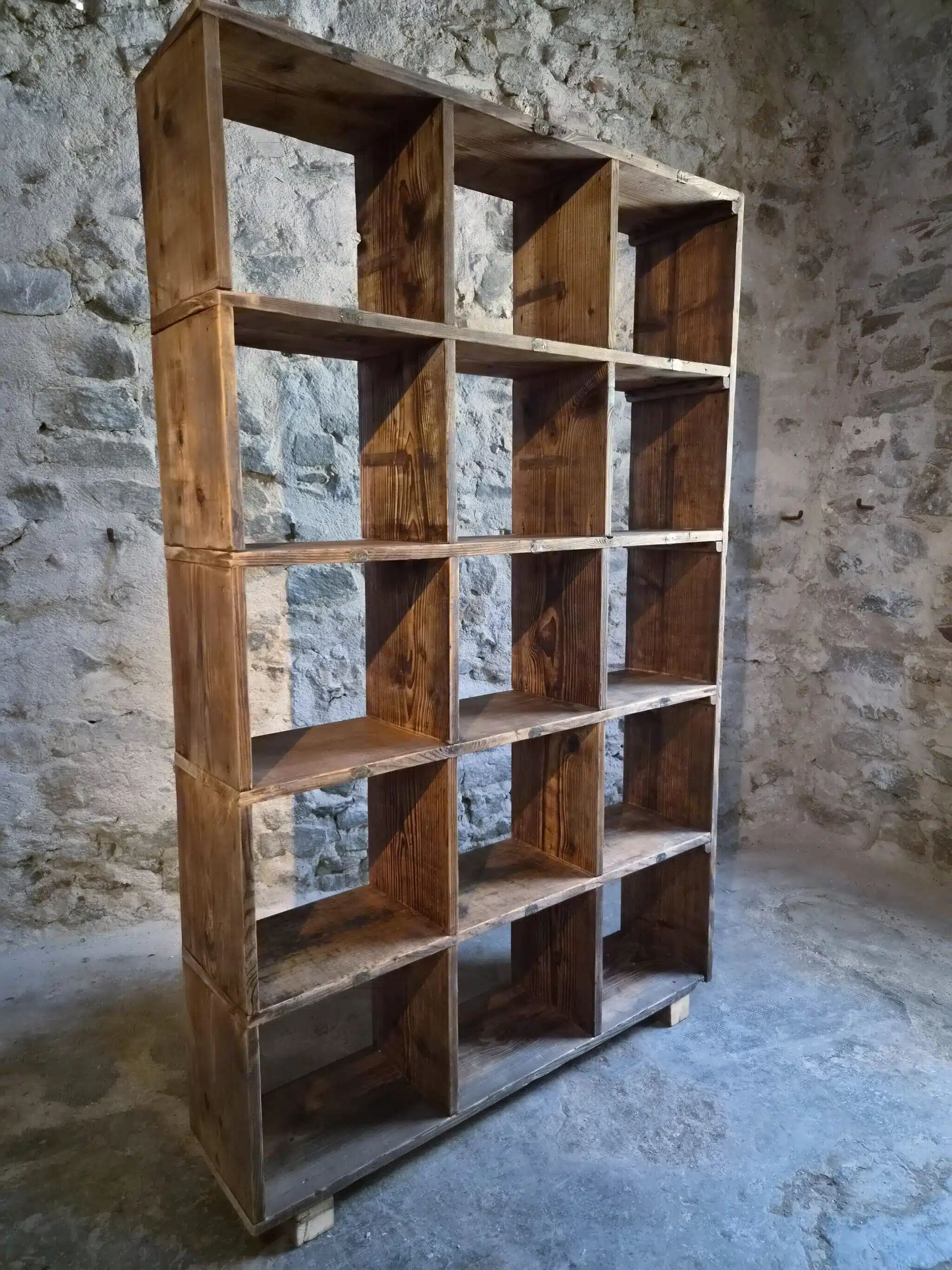 Old industrial shelf / room divider in pine, France, early 20th century