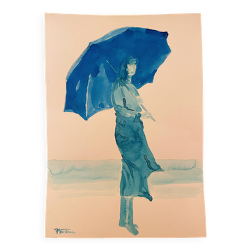 Tableau monochrome bleu signé portrait féminin « week-end à Deauville »