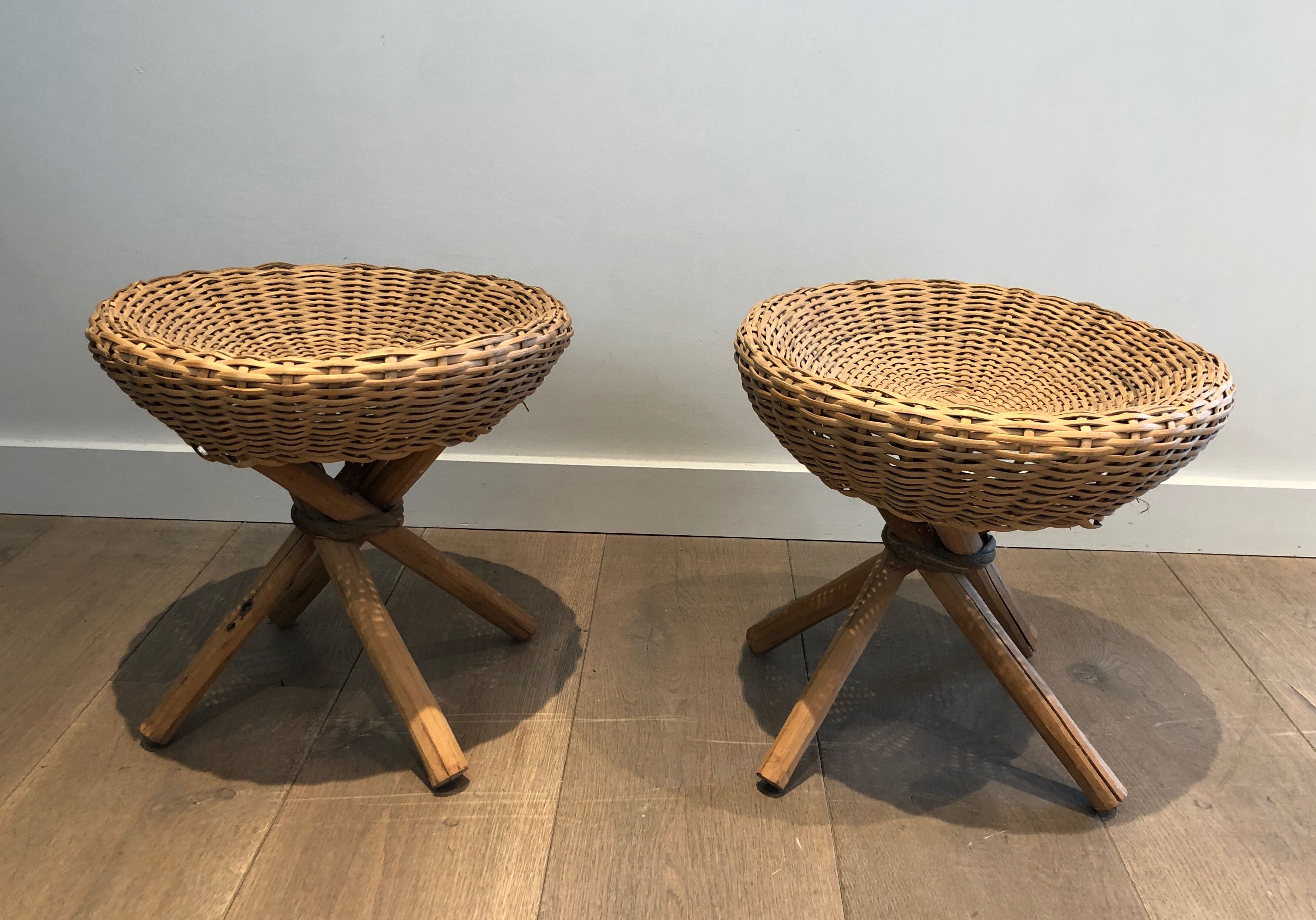 Pair of rattan stools. french work. around 1970