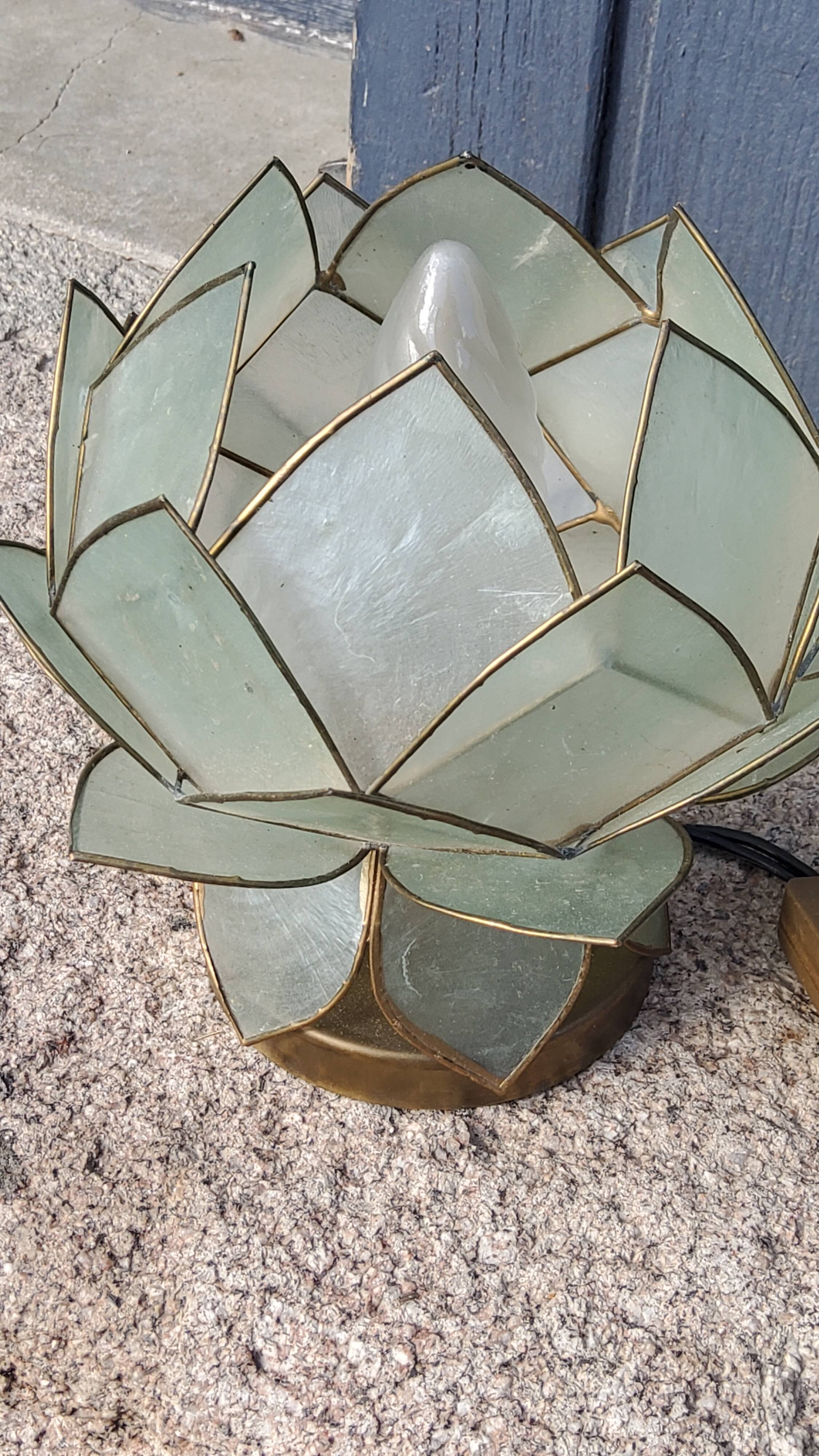 Pair of designer table lamps in turquoise blue green capiz mother-of-pearl from the 70s