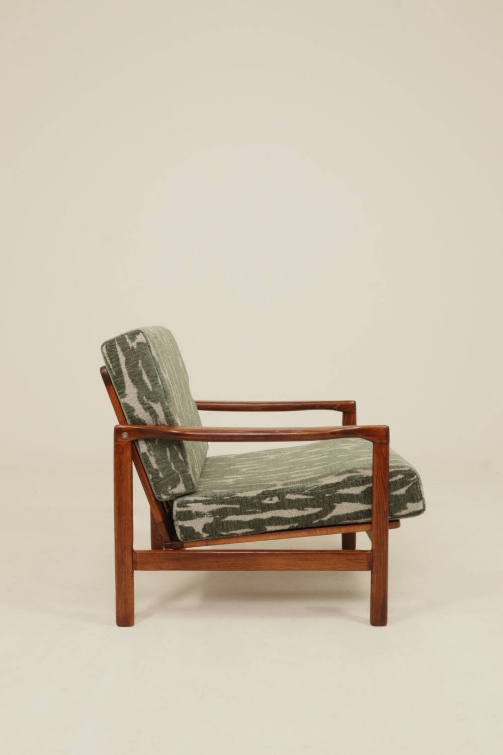 Vintage green jacquard armchair, mid-century modern design, 1965.