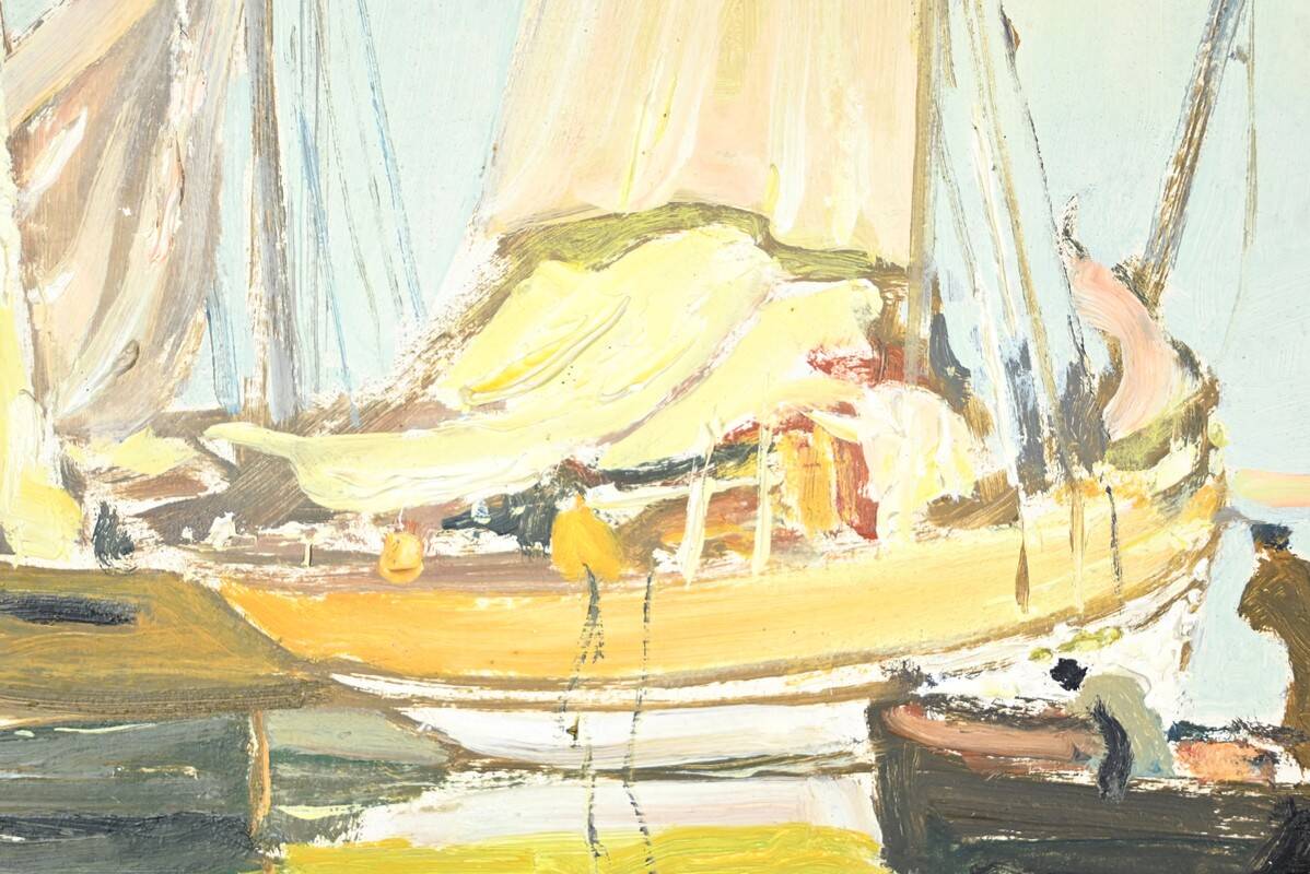 Oil Painting on Hardboard “Trawler and Tuna Boats”, signed G.Lhermitte – Mid 20th century