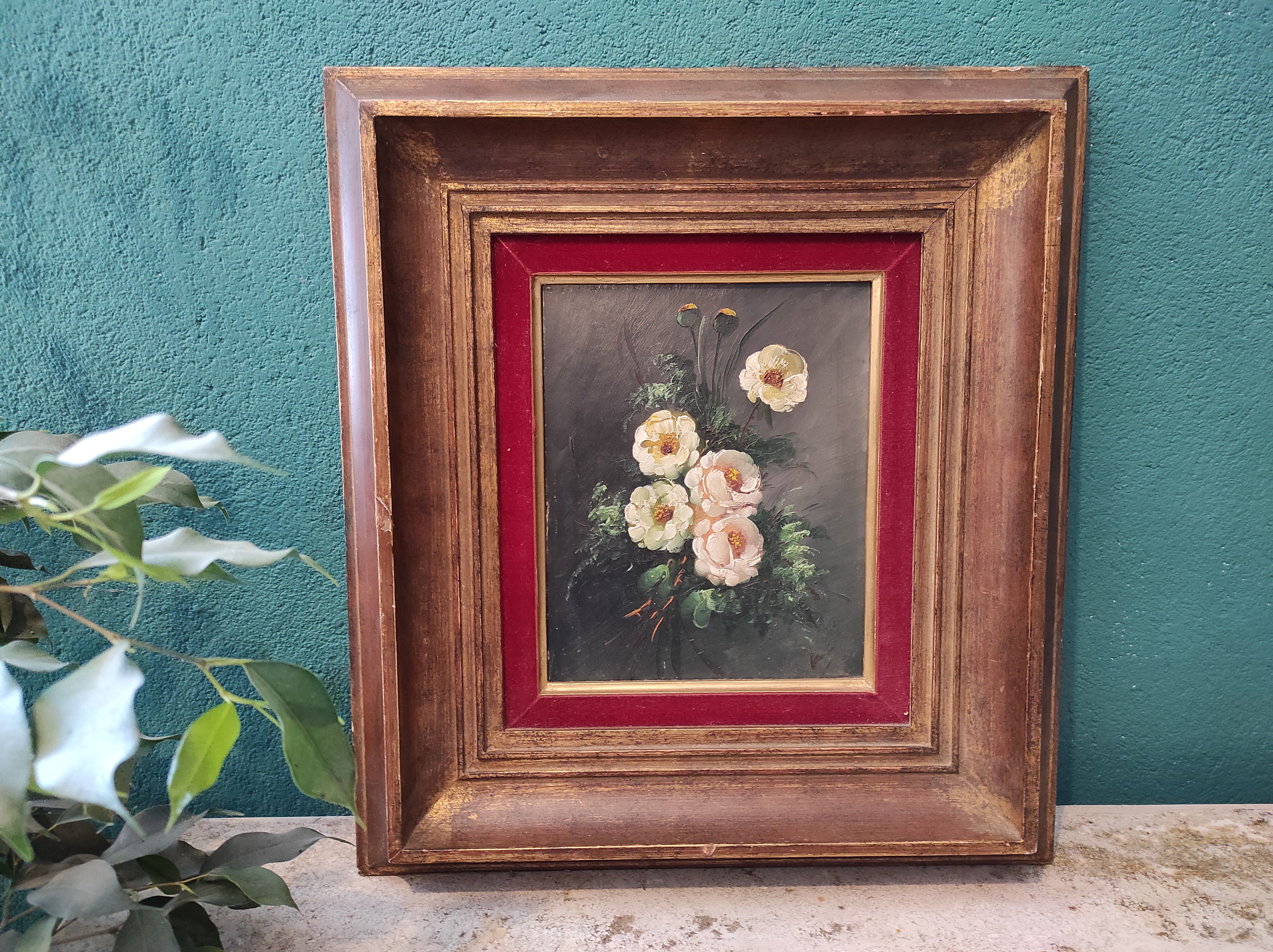 Vintage French oil painting of flowers, signed, on board