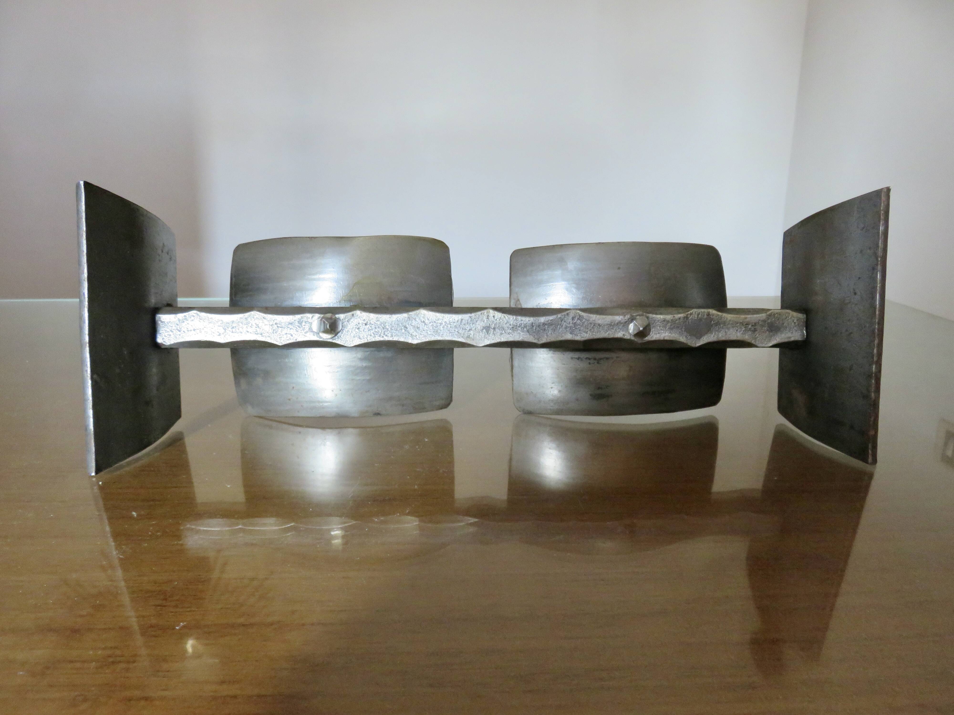 Large brutalist candlestick in the style of the Marolles workshops, raw steel.