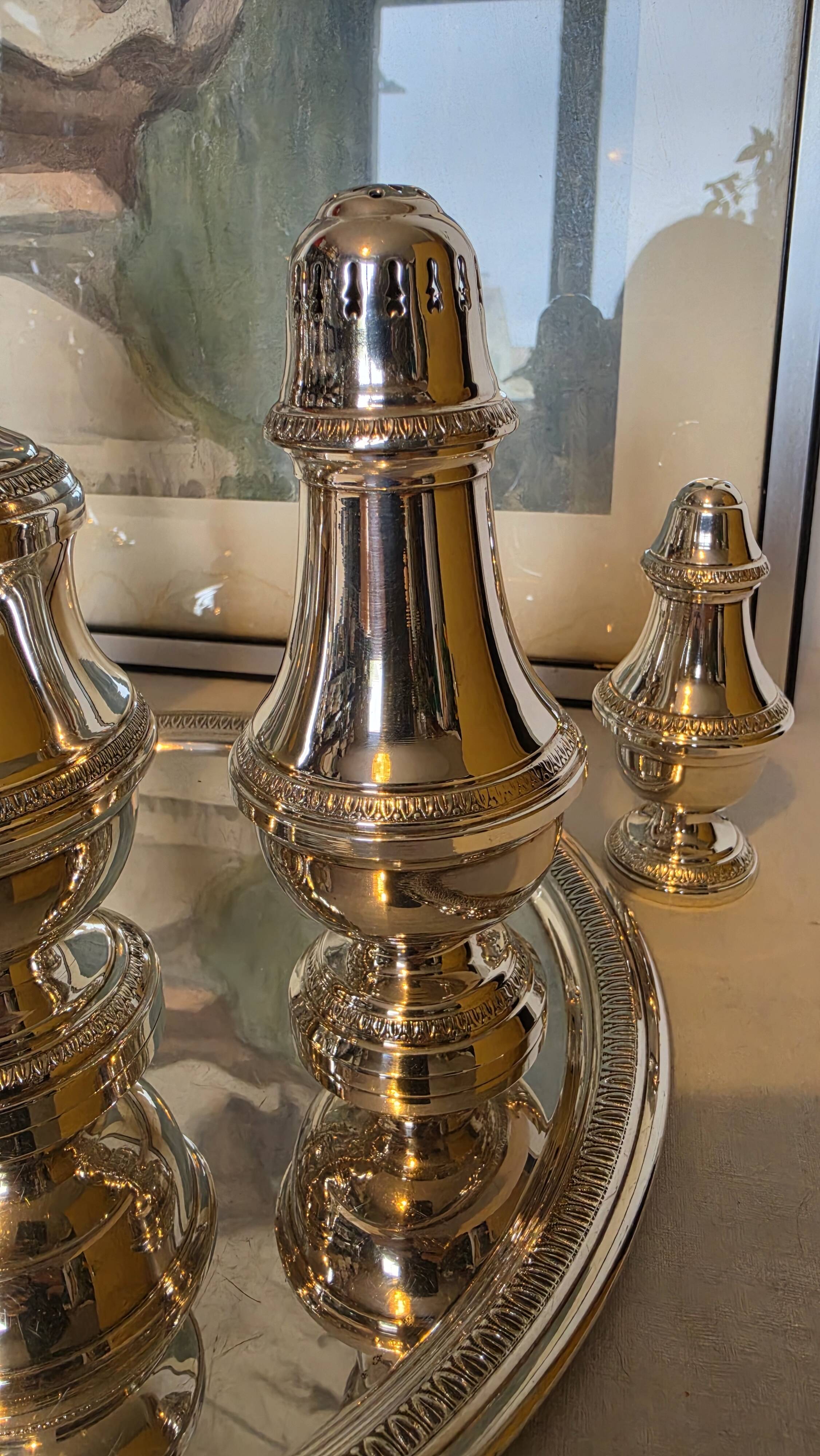 Exclusive 6-piece silver-plated spice service, classic Georgian style.