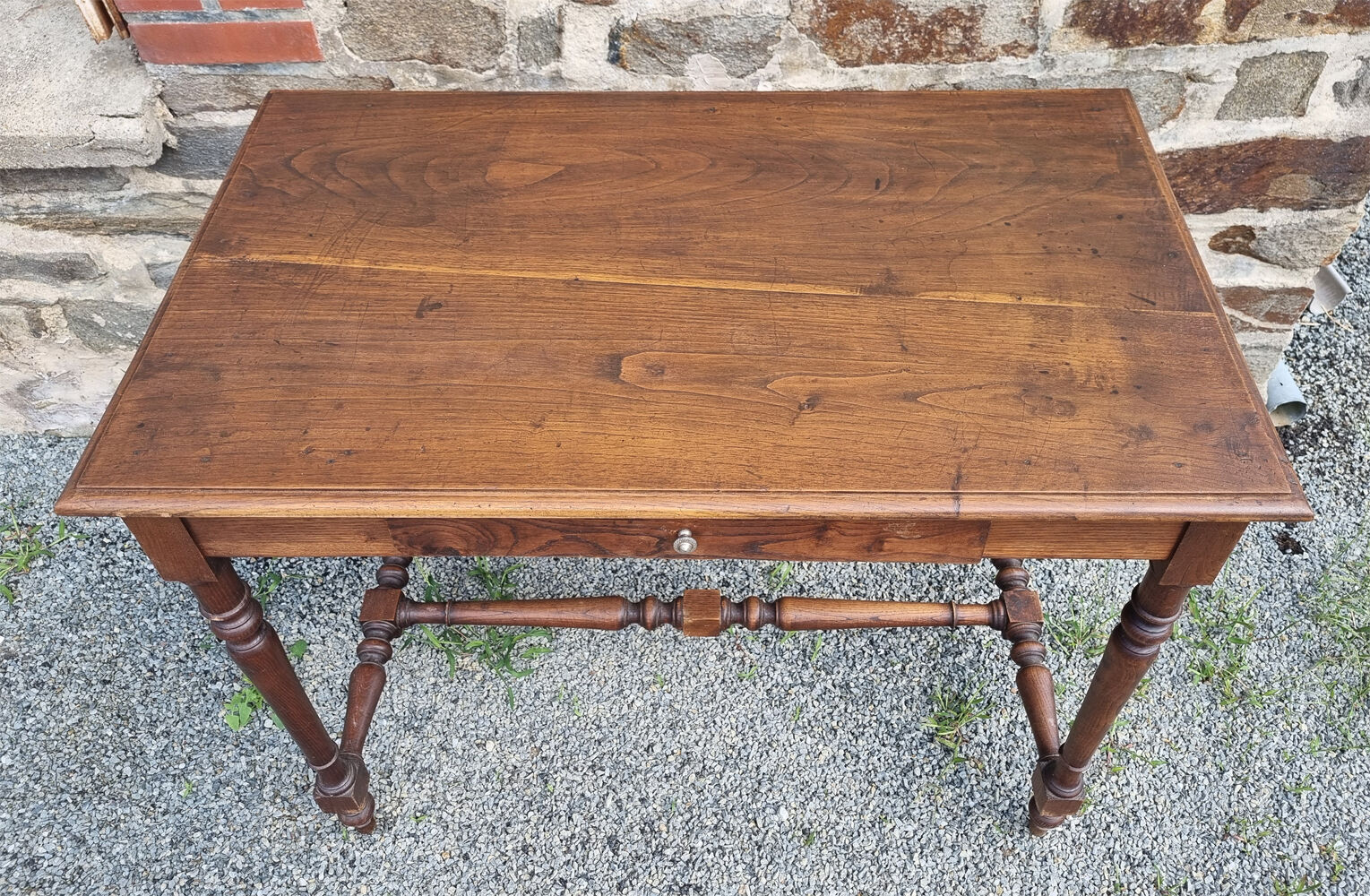 Writing table or wooden desk, Louis XIII style, turned legs, vintage