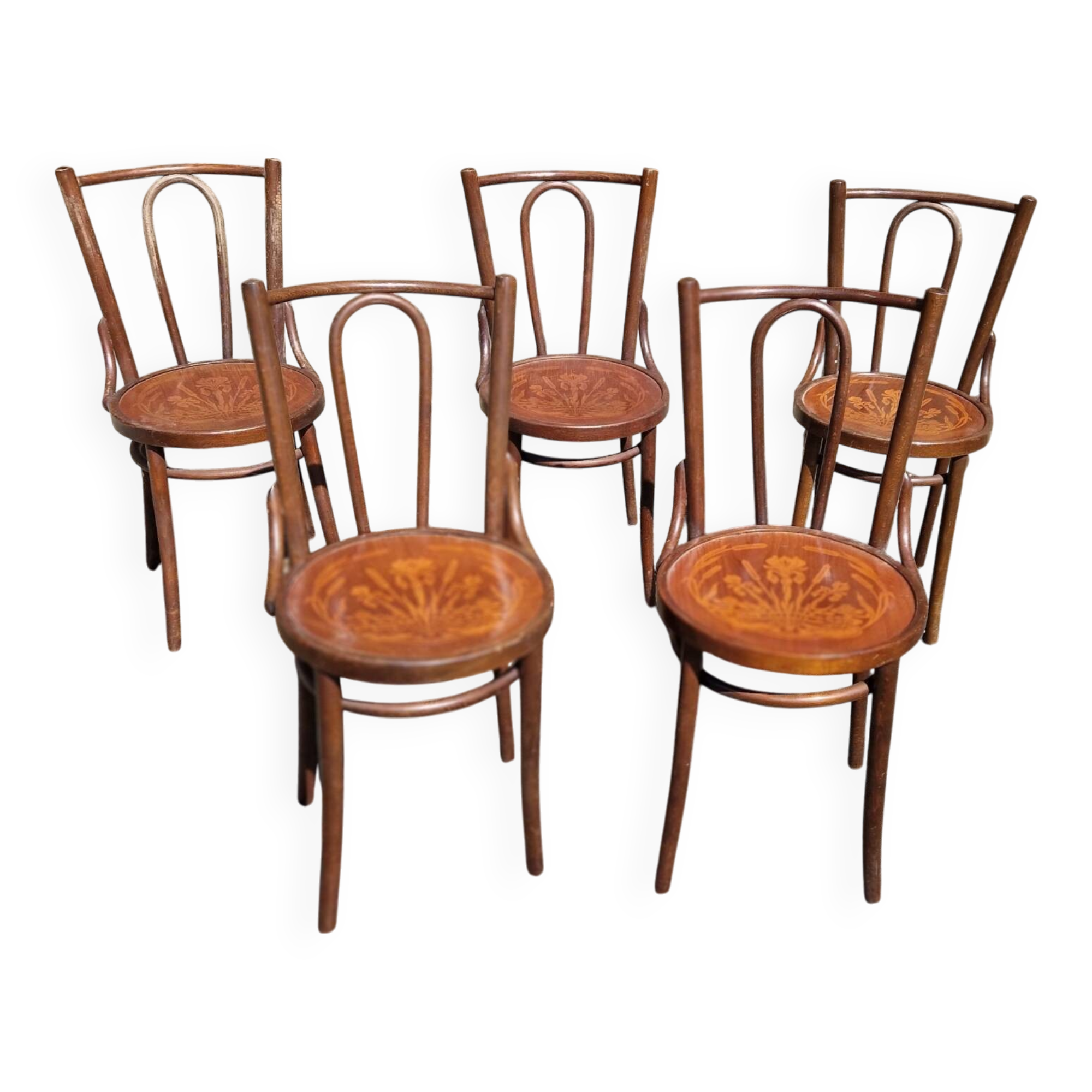 Set de 5 chaises bistrot en bois courbe et pyrogravure