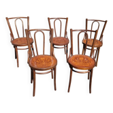 Set of 5 bistro chairs in curved wood and pyrography