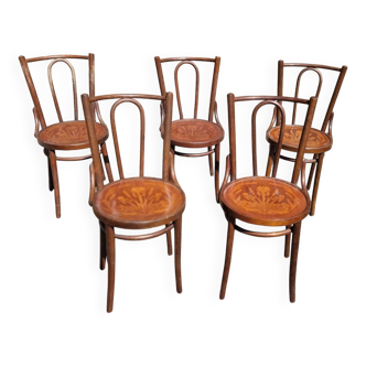 Set de 5 chaises bistrot en bois courbe et pyrogravure