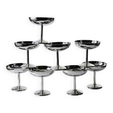 8 vintage dessert bowls on a pedestal in stainless steel in the style of Guy Degrenne.