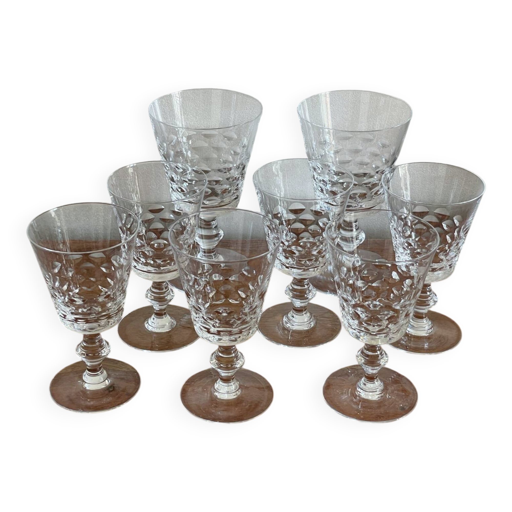 6 crystal wine glasses and 2 water glasses