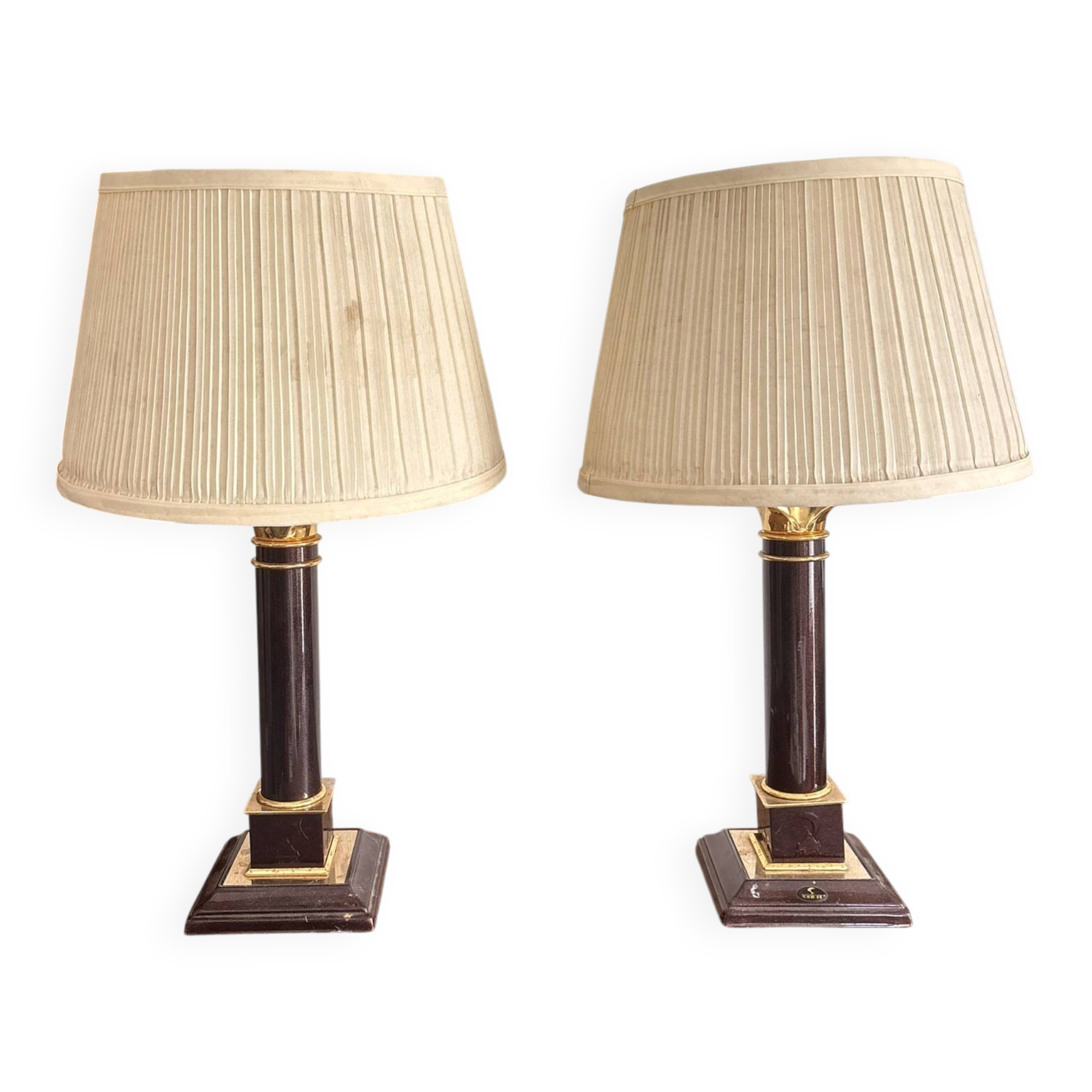 Pair of Neo-Classical Burgundy Lamps with Jansen Style Shades, Chic Le Dauphin