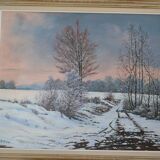 Rateau " Paysage enneigé " peinture HST encadrée