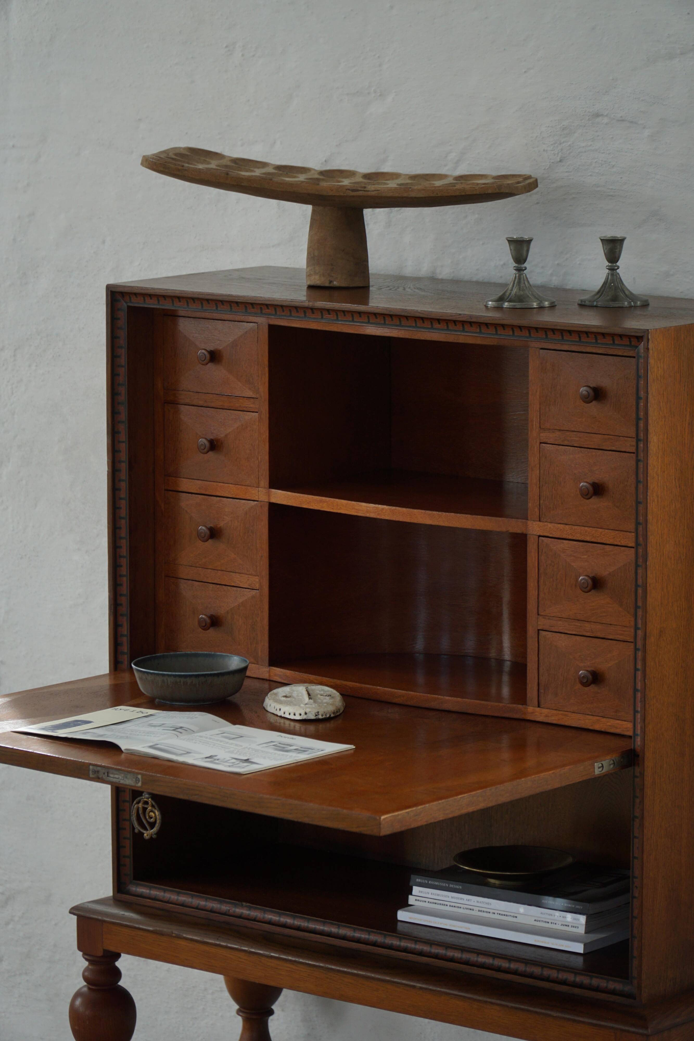 Modern Danish secretary, unique handmade oak, mid-20th century.