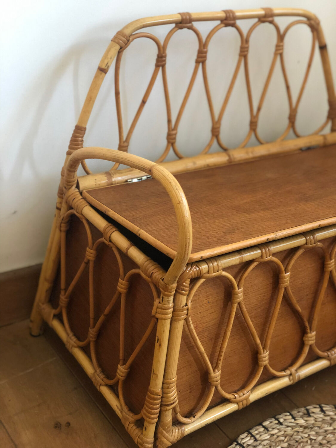 Vintage rattan storage bench for children, 1960s