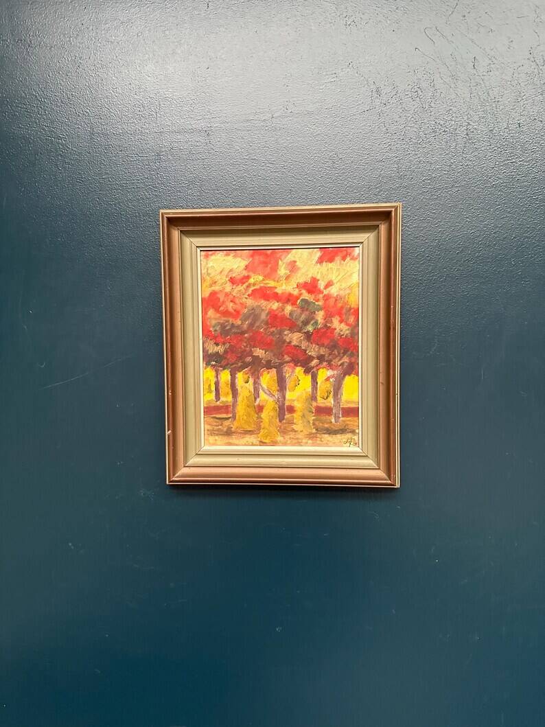 Huile sur panneau originale suédoise "Forêt", signée, vintage et encadrée.