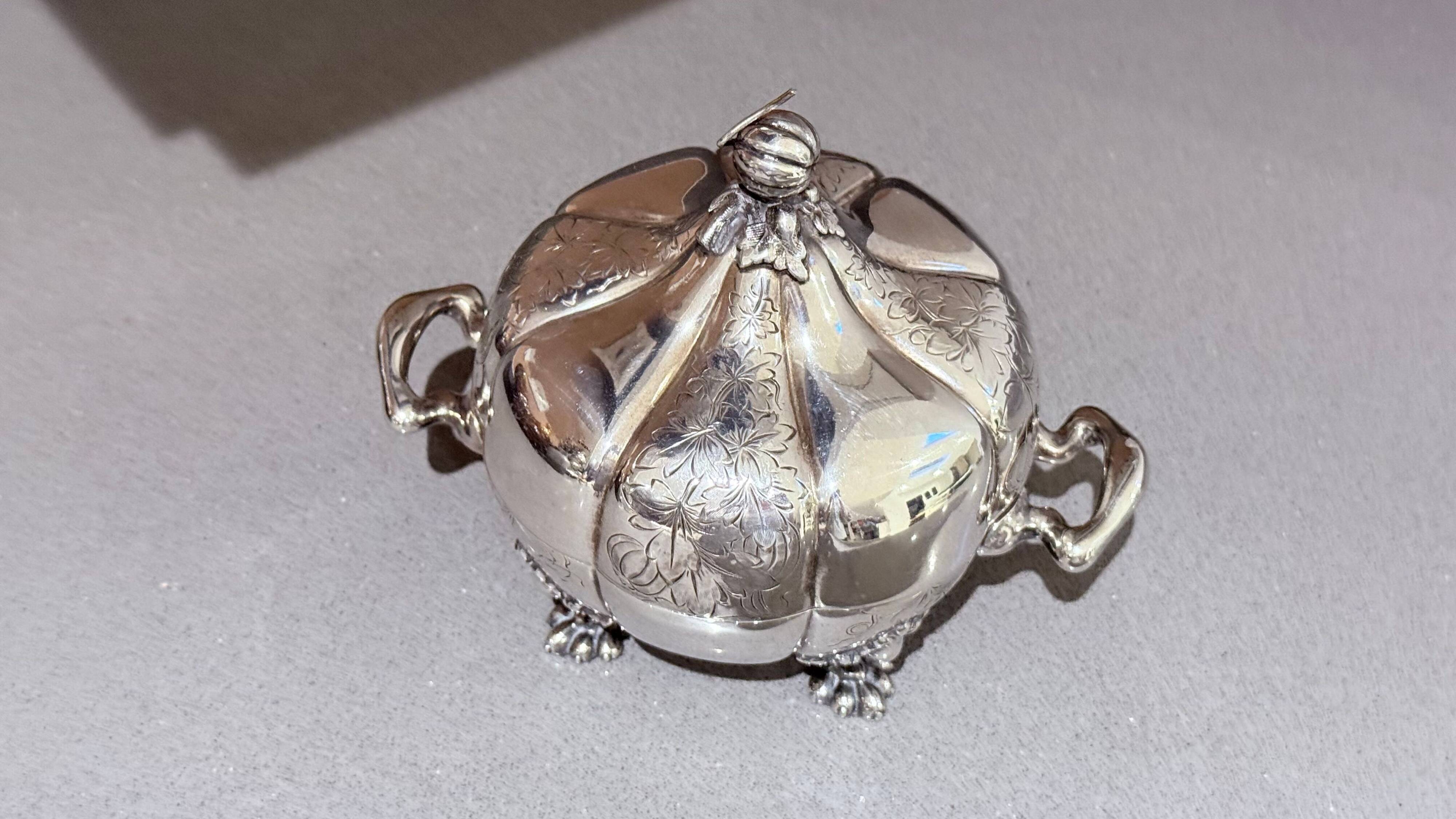Antique Decorative Caviar Dish Caviar Serving, Silver Quadruple Plate Lid, Spoon