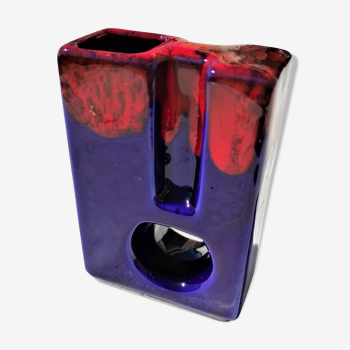 Vase céramique année 70 bleu et rouge design