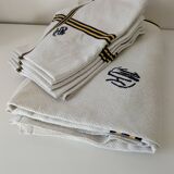 Nappe et 5 serviettes basques vintage en coton à chevrons bleu et jaune