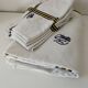 Vintage Basque tablecloth and 5 napkins in blue and yellow herringbone cotton
