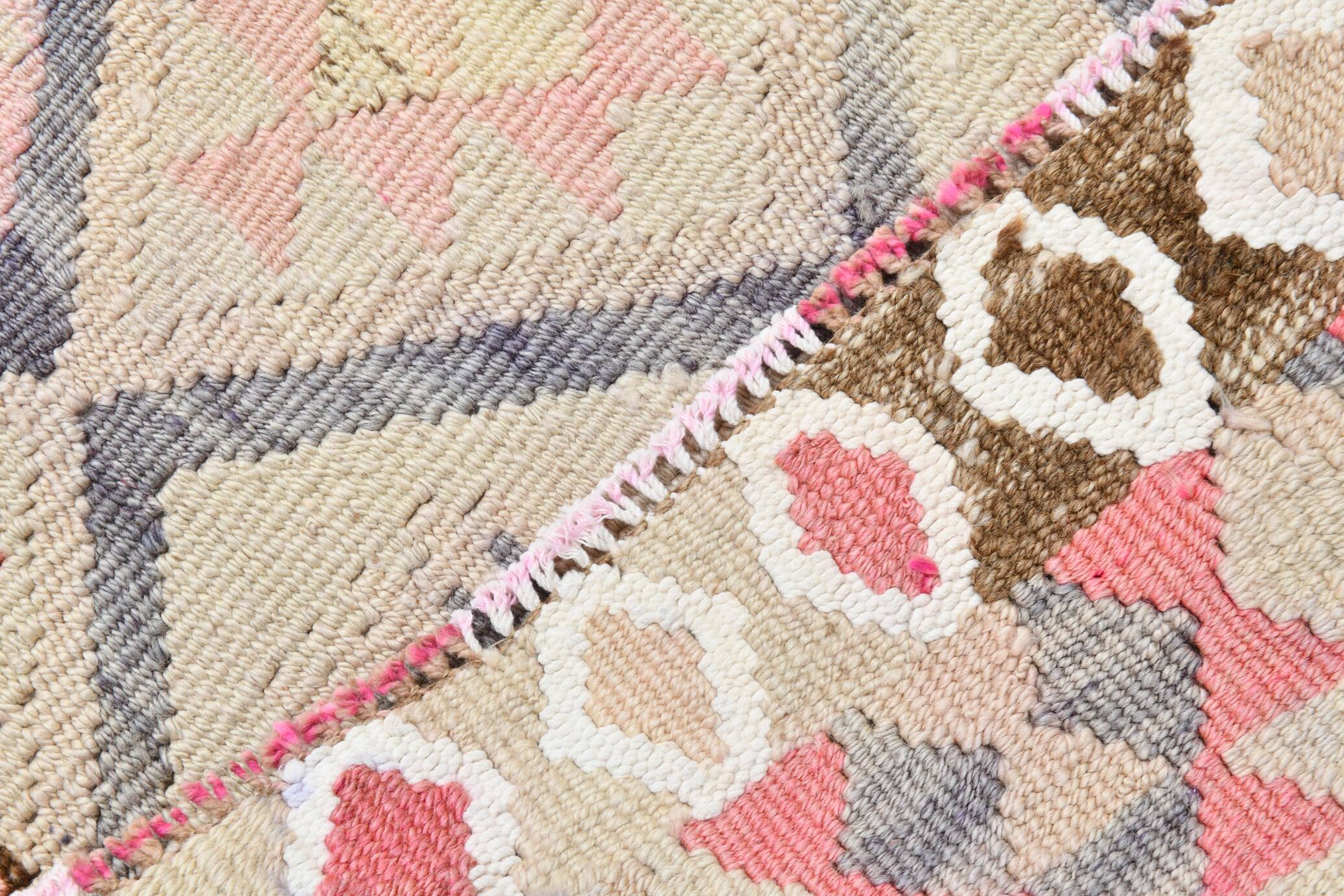 3x12 Pink & Beige Geometric Kilim Runner Rug, 94x378Cm