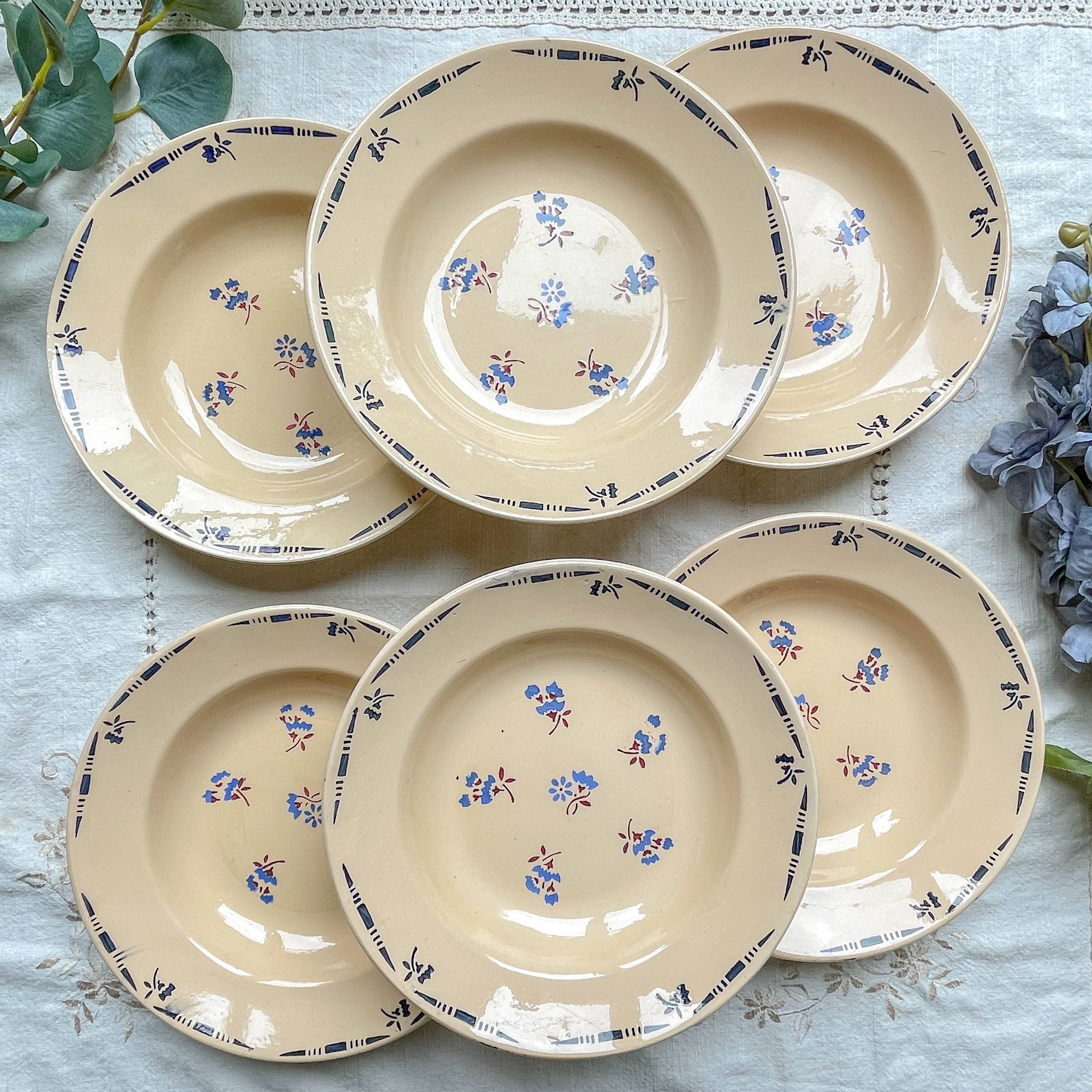6 vintage K&G Luneville "Flore" porcelain soup plates, 1950s, small blue flowers