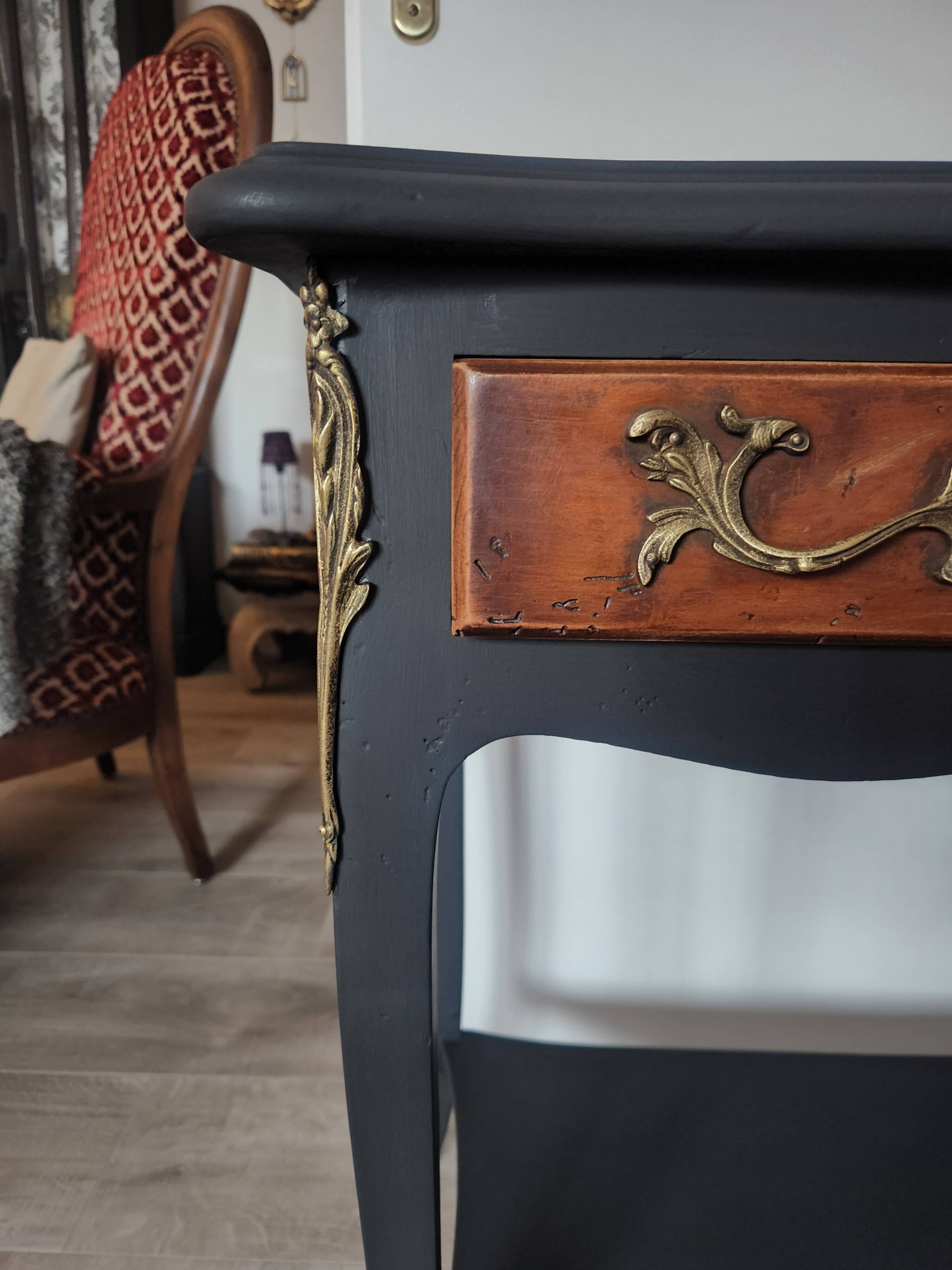 Mat black console / natural wood / gilding – Louis XV style Unique piece