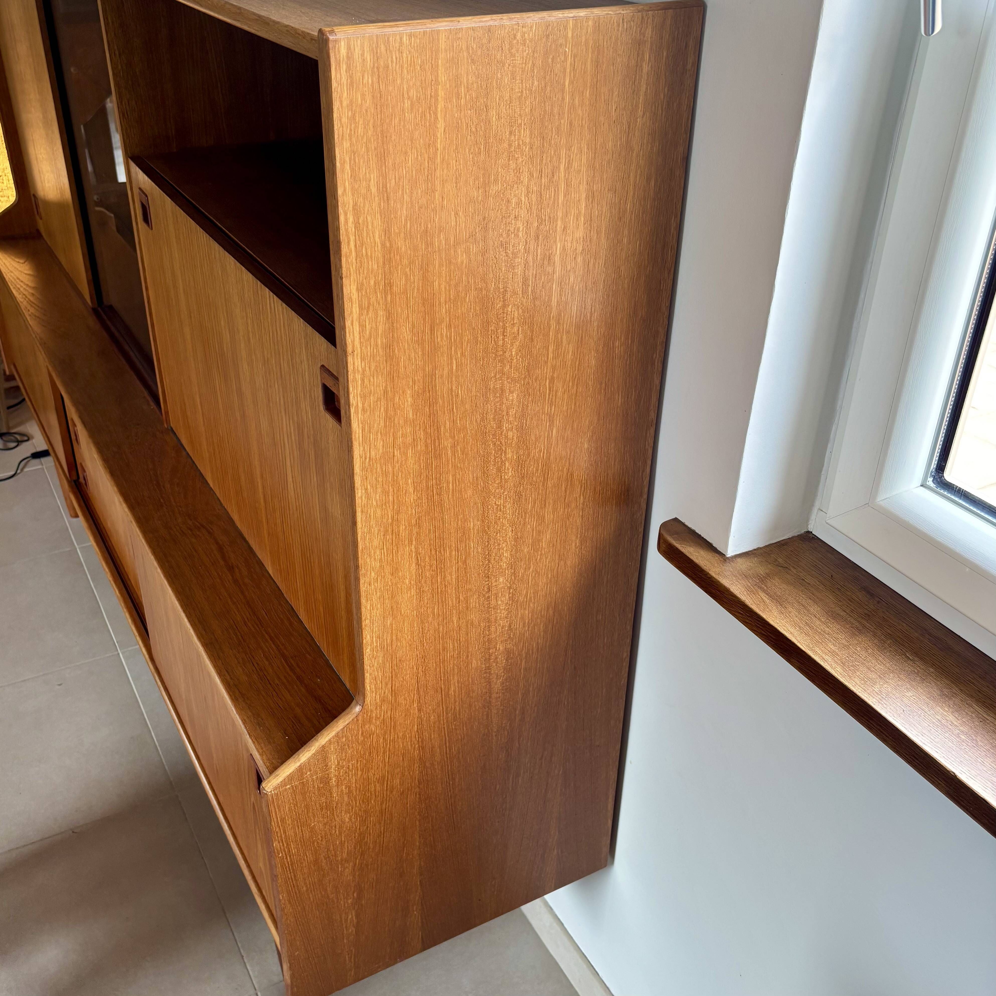 Scandinavian highboard in blonde teak with integrated bar - 60s