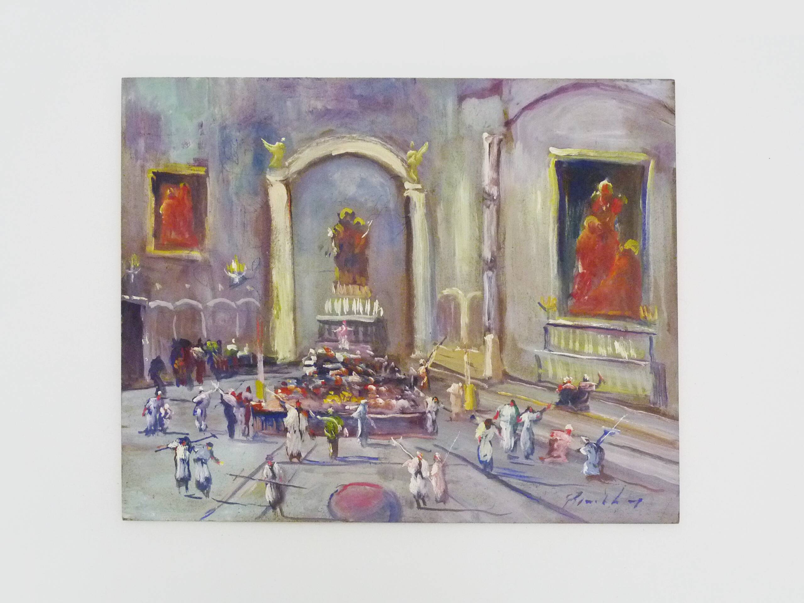Oil on wood by Riccardo Capone Interior Church 50s 60s