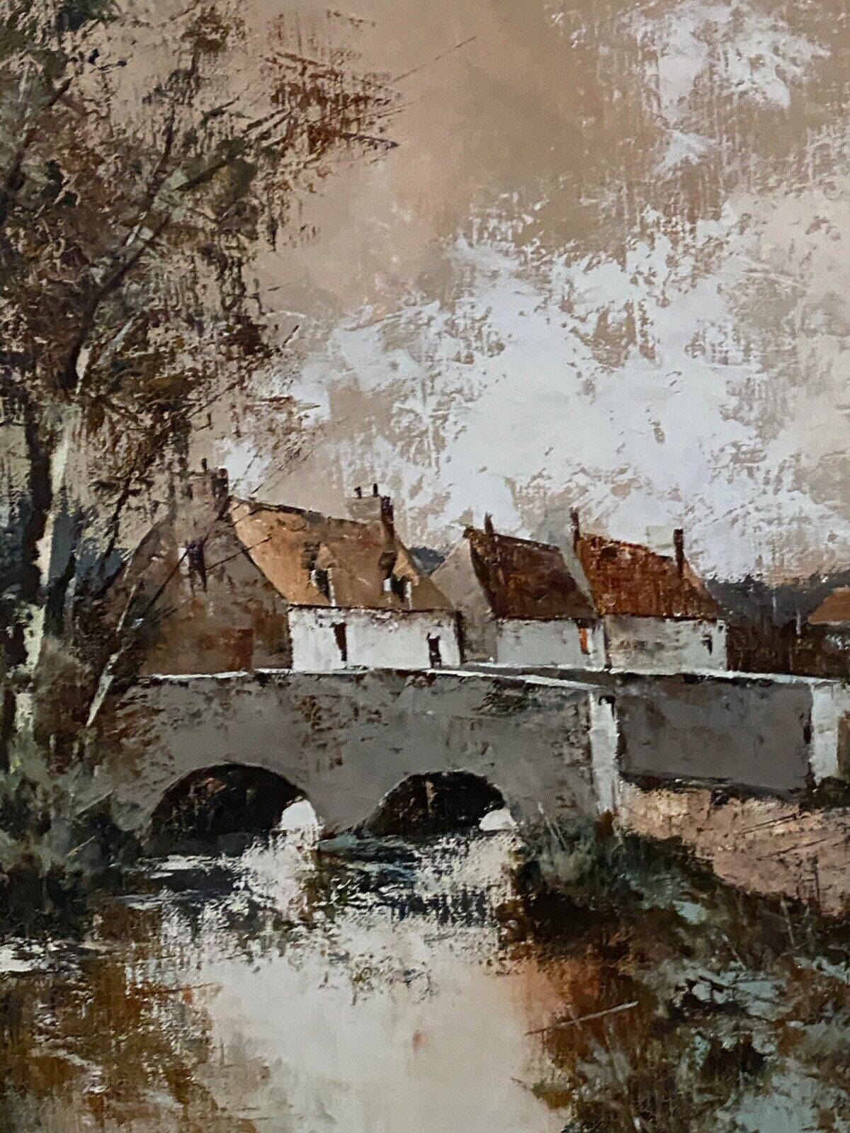 Oil on canvas cottages at the water's edge by Claude Mourier 1980