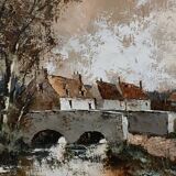 Oil on canvas cottages at the water's edge by Claude Mourier 1980