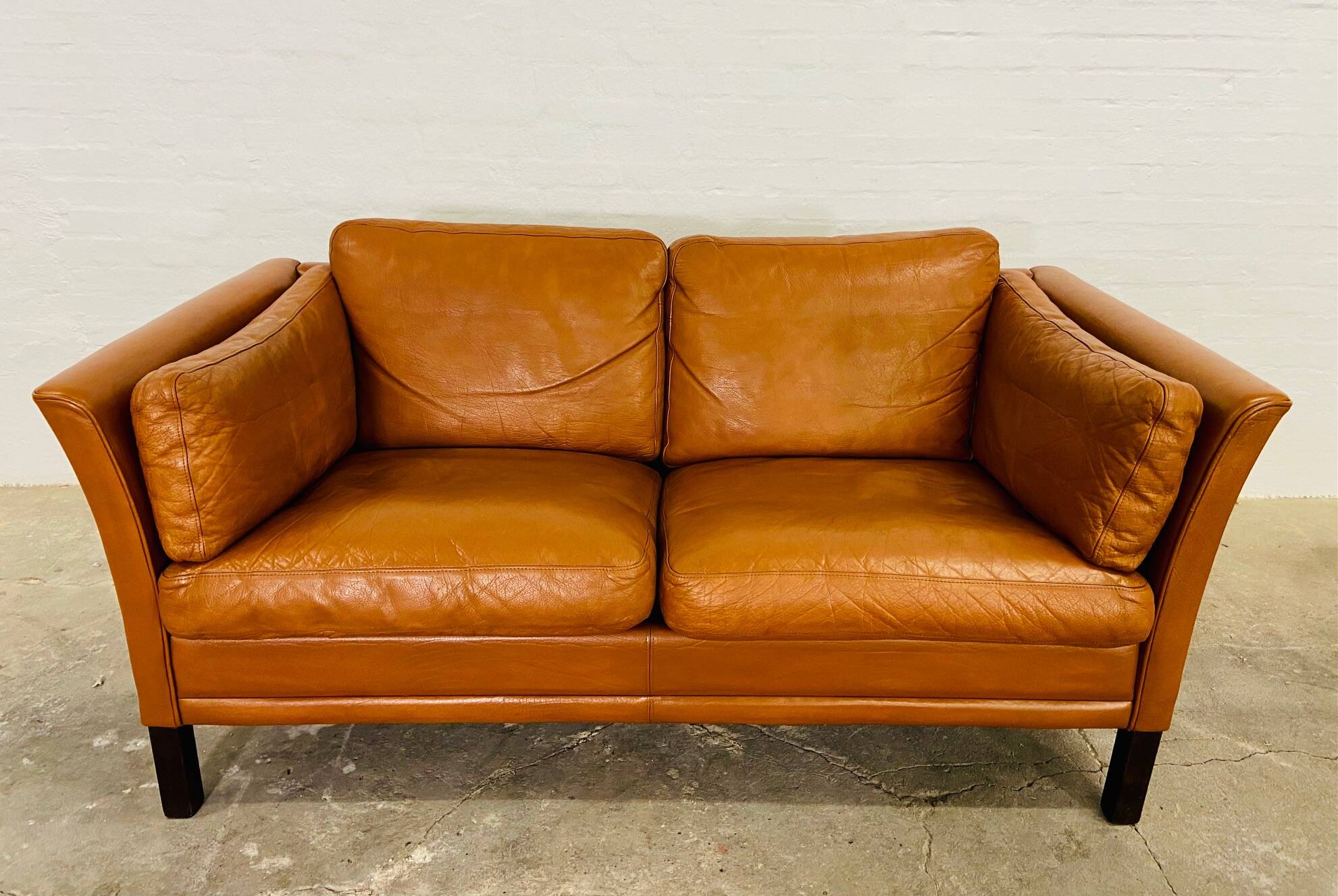 Vintage danish mid century mogens hansen 2 person tan cognac leather sofa