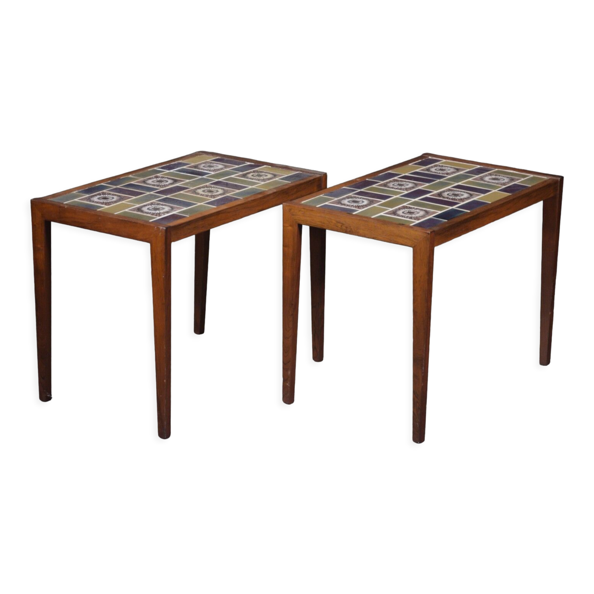 Pair of rosewood lamp tables, inlaid with coloured tiles