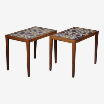 Pair of rosewood lamp tables, inlaid with coloured tiles