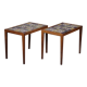 Pair of rosewood lamp tables, inlaid with coloured tiles