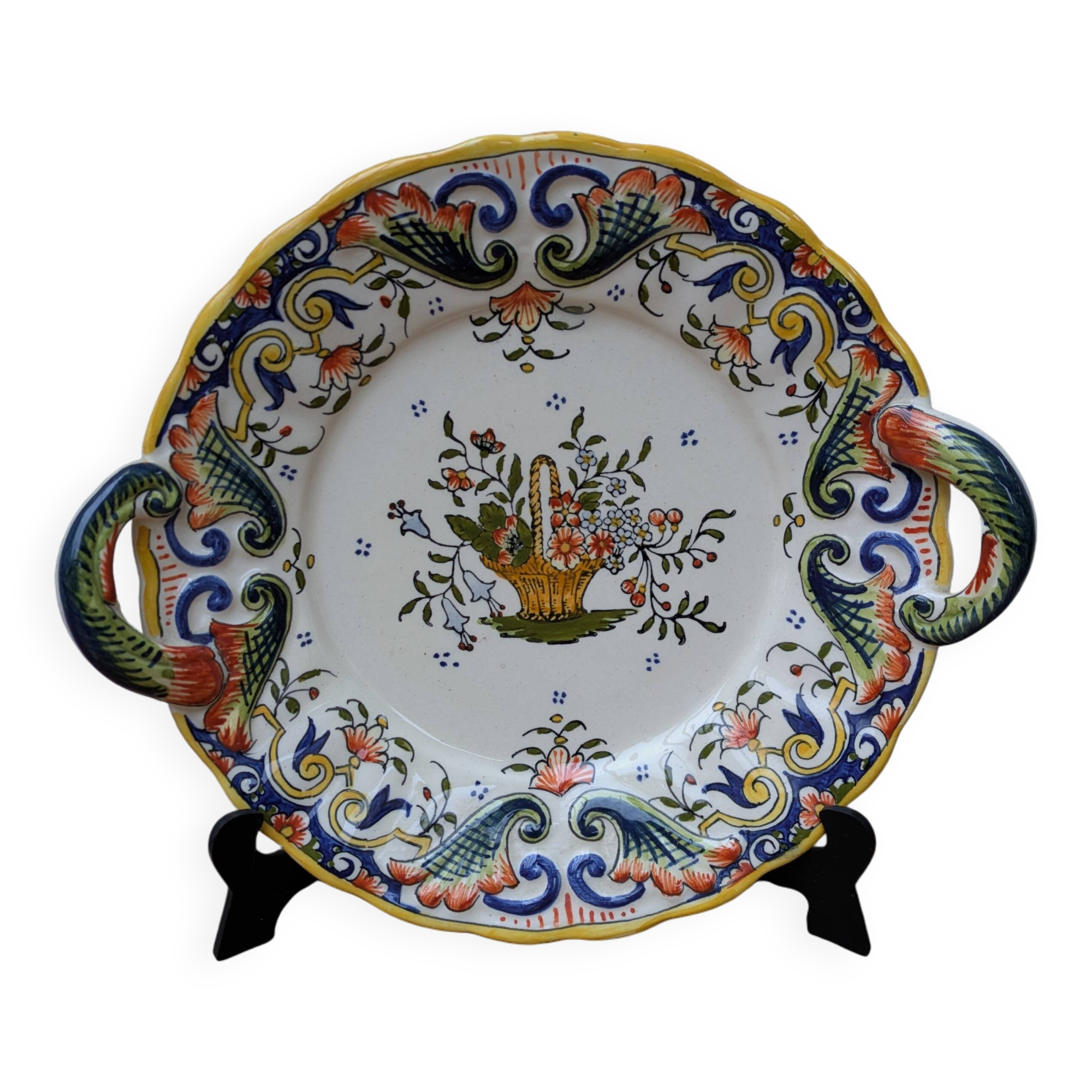 Old decorative plate with handles Old Rouen handmade