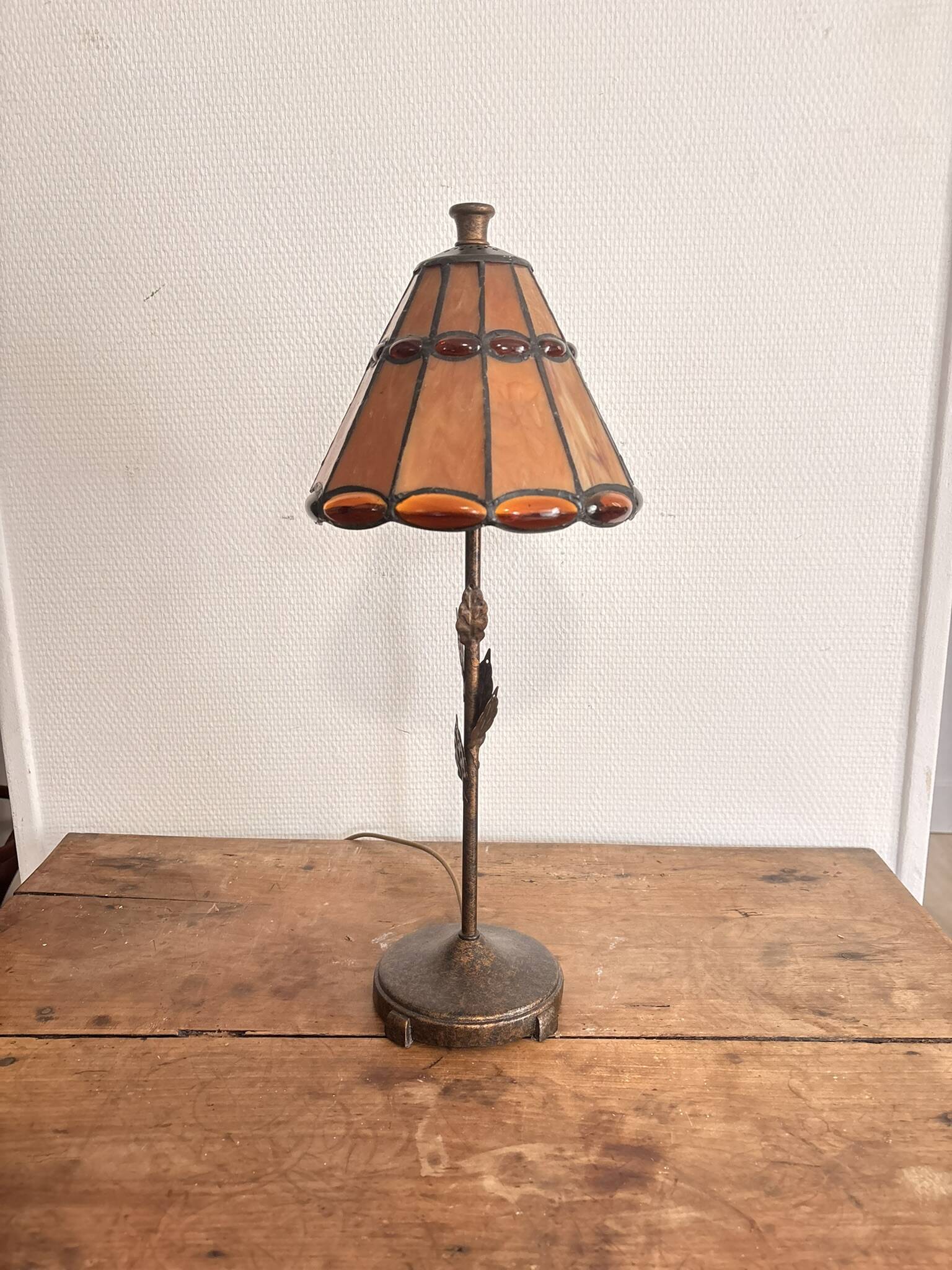Tiffany Table Lamp Art Nouveau Stained Glass Amber Patinated Base
