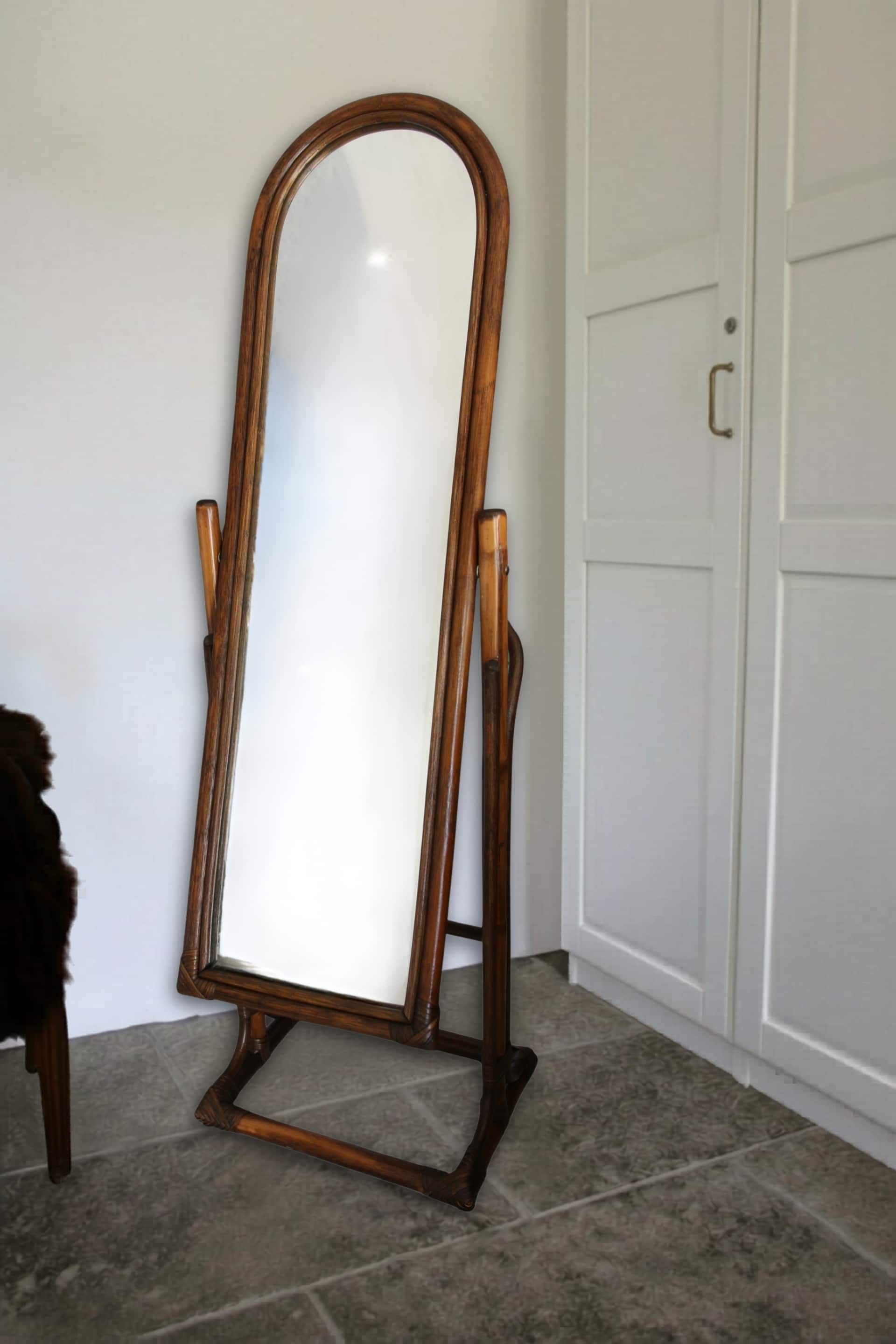 Vintage rattan full-length mirror, 1960s-70s.