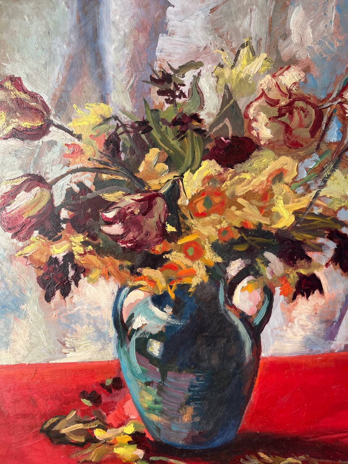 Bouquet of flowers on a red tablecloth, knife on a board, signed Renzo.