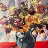 Bouquet of flowers on a red tablecloth, knife on a board, signed Renzo.