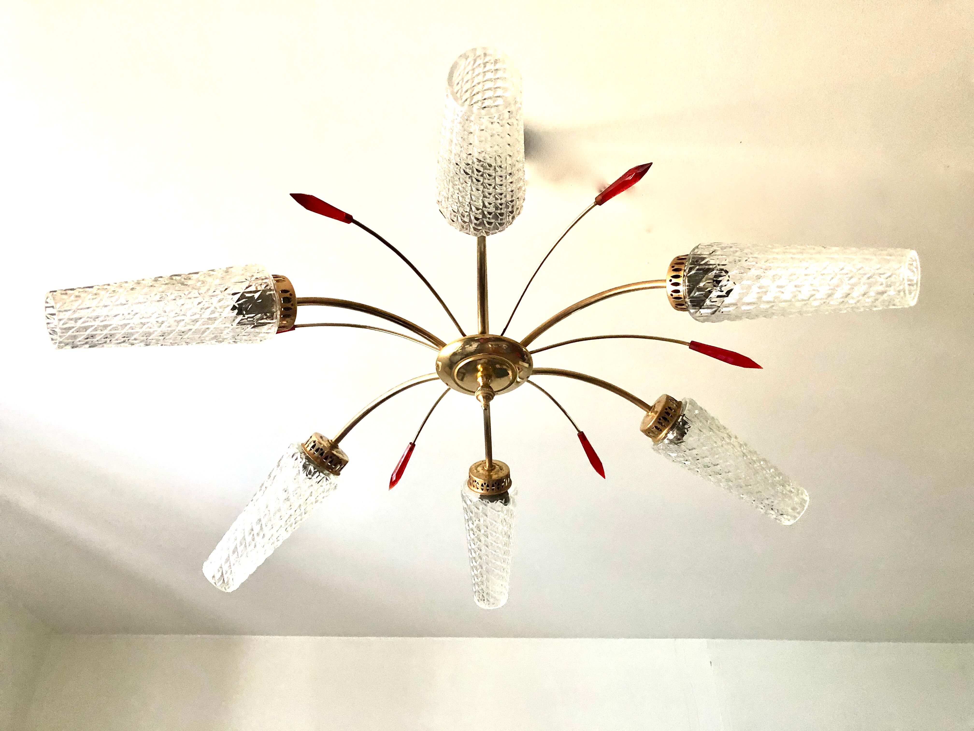 Golden brass chandelier 6 tulips red diamond tips 1950