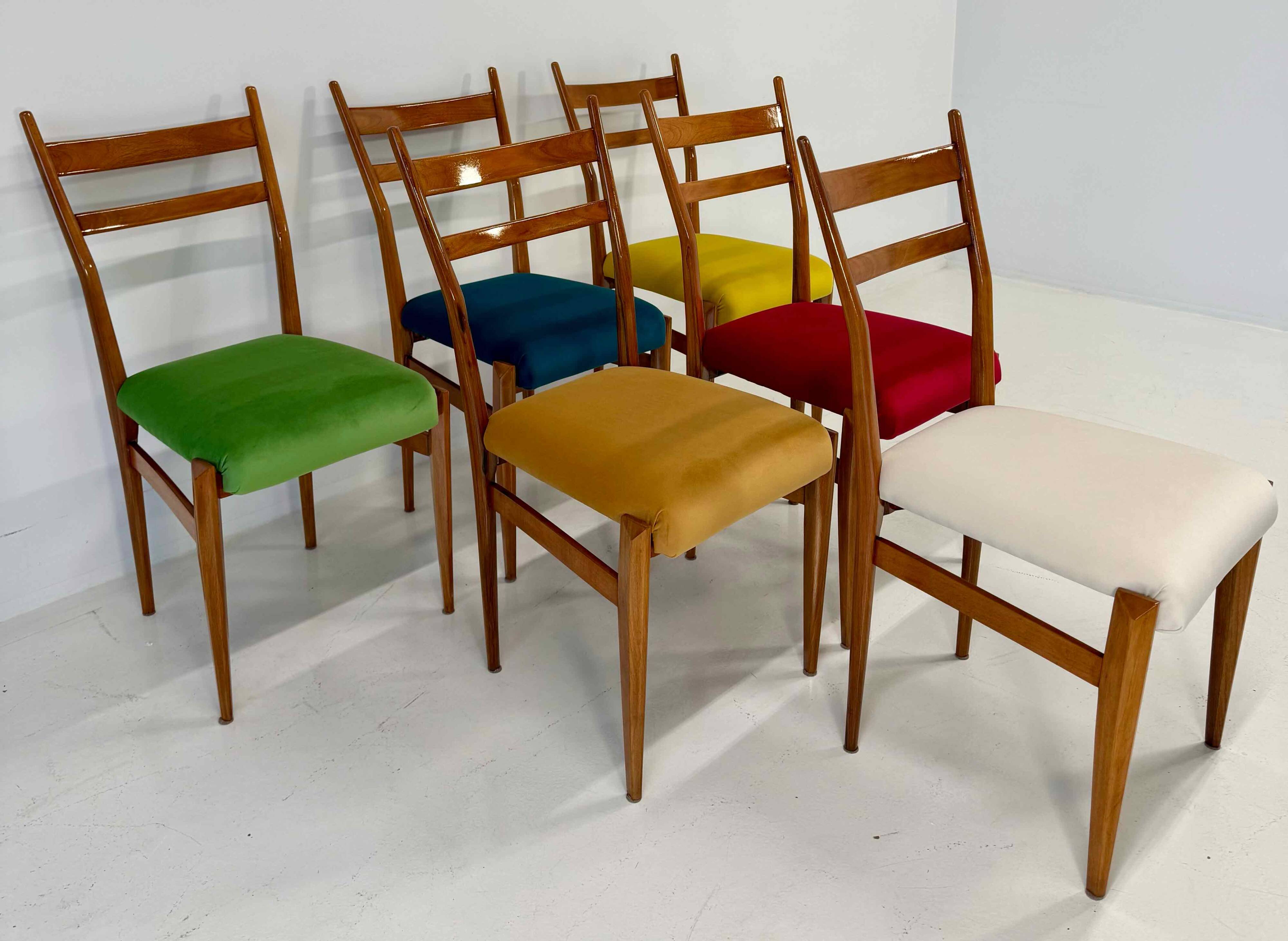Set of Six Italian Art Deco Walnut Chairs with Colorful Velvet Seats, 1950s