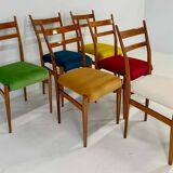 Set of Six Italian Art Deco Walnut Chairs with Colorful Velvet Seats, 1950s