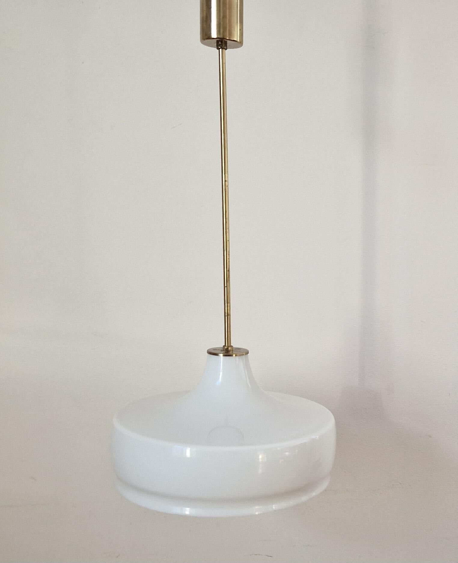 Rare Midcentury Brass and Milk Glass Pendant Kamenicky Senov, 1970s