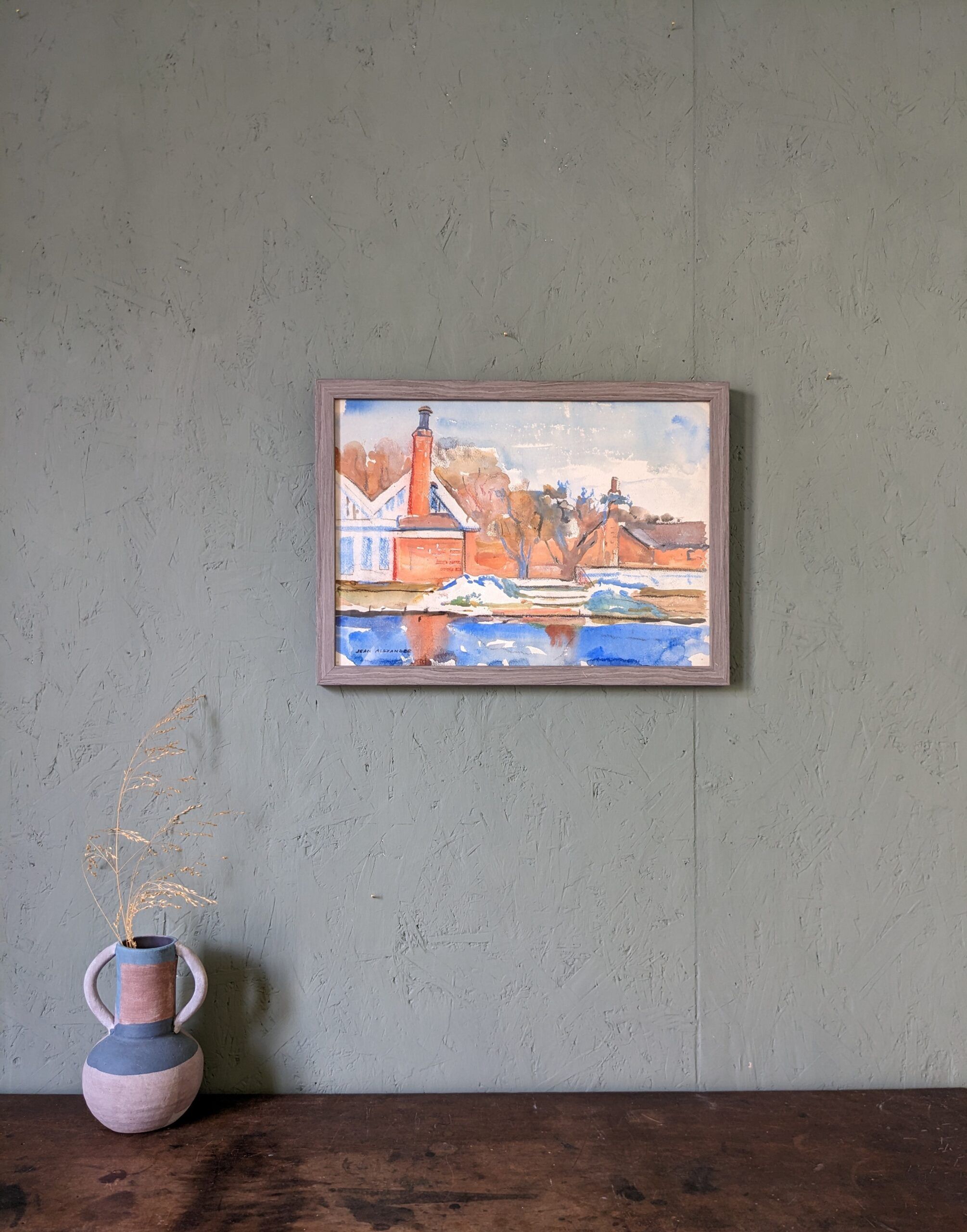 Mid-Century Modern Swedish "The Waterway" Vintage Landscape Watercolour Painting, Framed