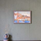 Mid-Century Modern Swedish "The Waterway" Vintage Landscape Watercolour Painting, Framed