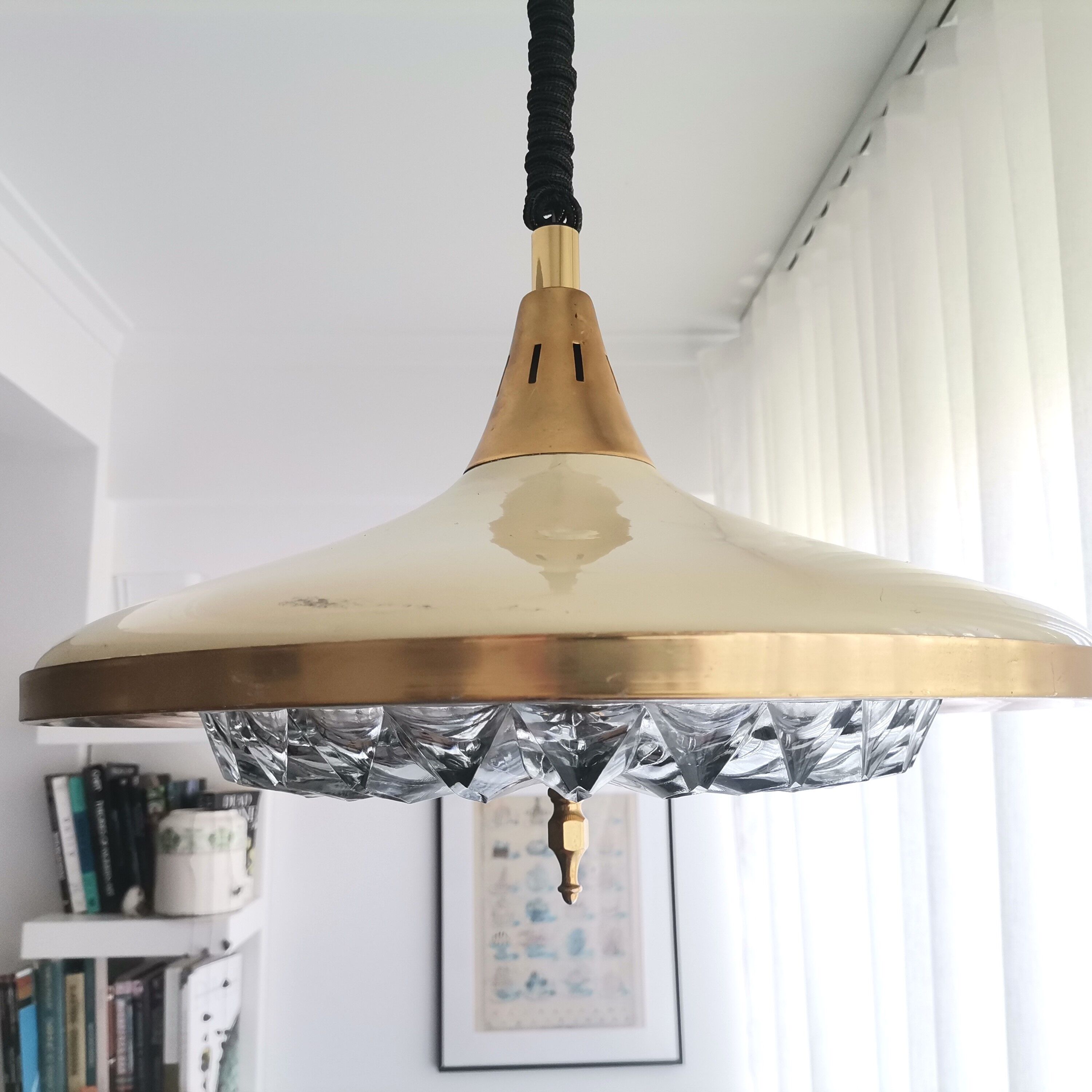 1960s mid century cream metal and crystal pull down large hanging lamp