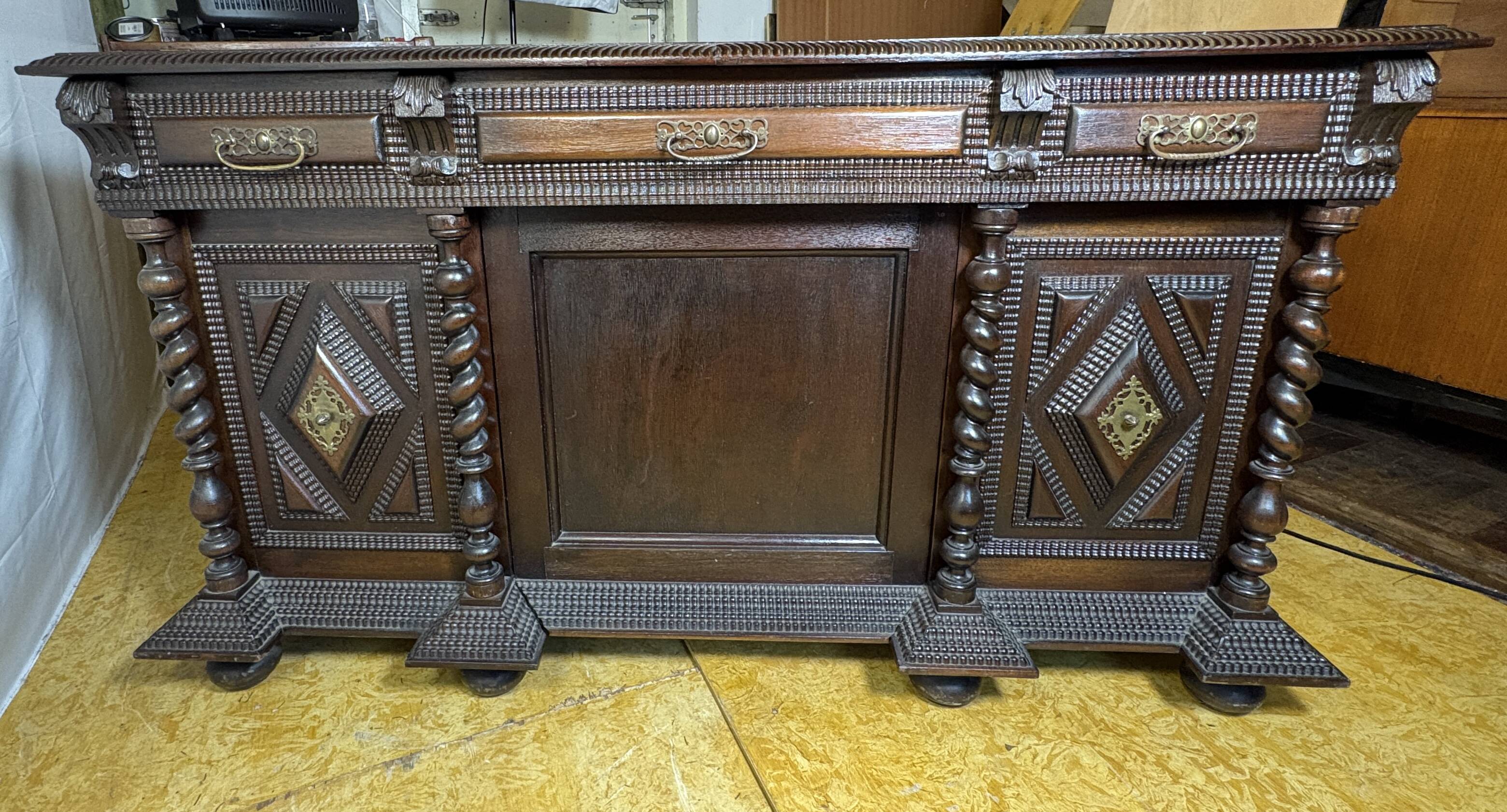 Exceptional Antique Portuguese Baroque Revival Twin Pedestal Desk  Spiral T