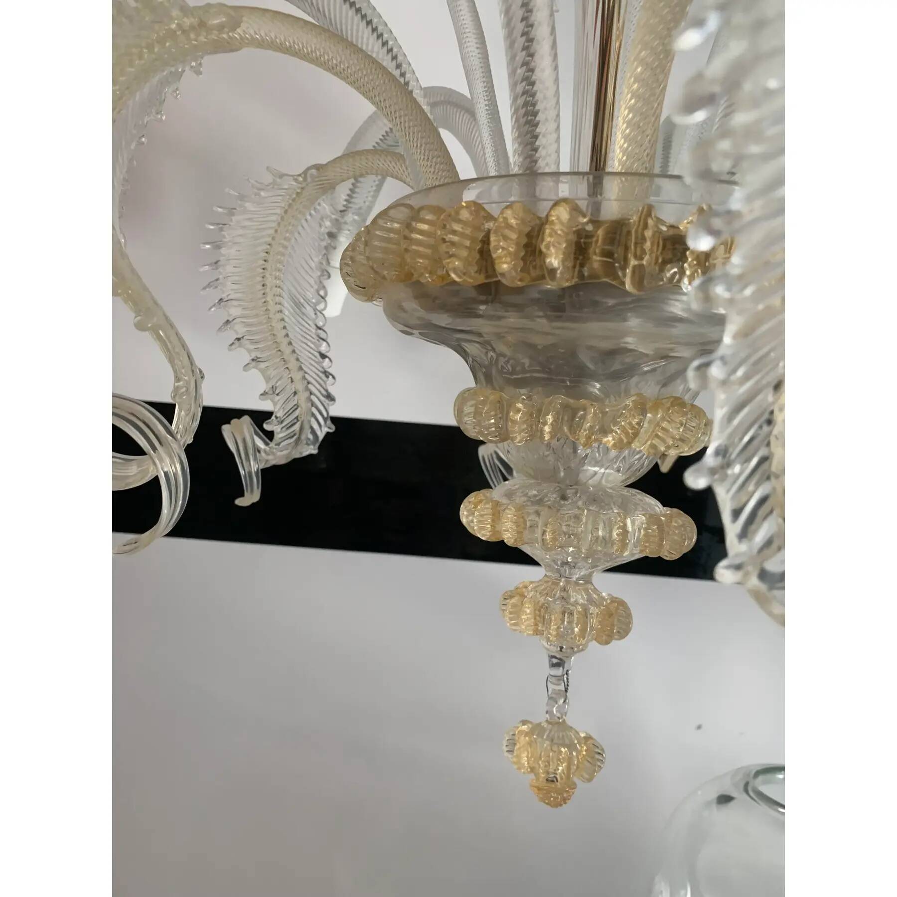 Venetian Murano-Style Glass Chandelier in Transparent and Gold with Flowers